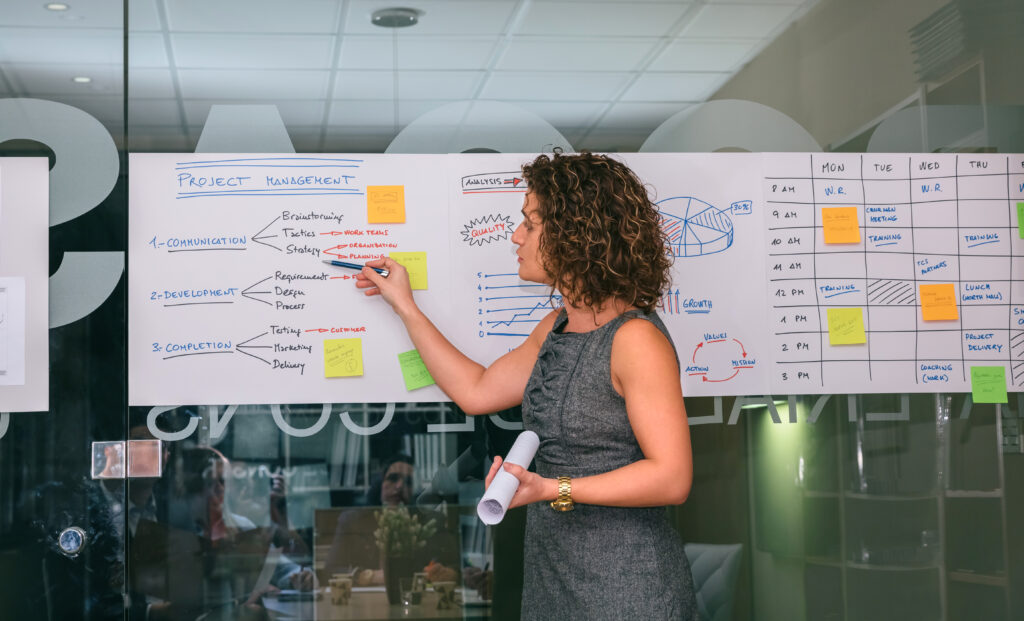 Female coach showing project management studies over glass wall