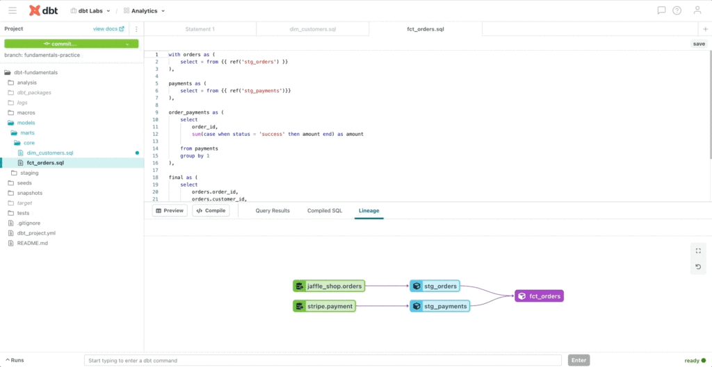 areto dbt develop to show lineage